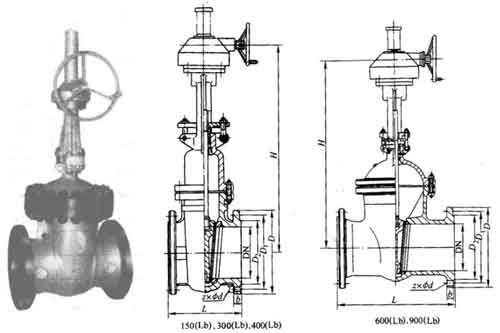 Z540Y型150(Lb)~600(Lb)鋼制錐齒輪傳動楔式閘閥外形尺寸圖