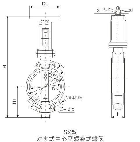 SX對夾式中心型螺旋式船用碳鋼蝶閥基本尺寸