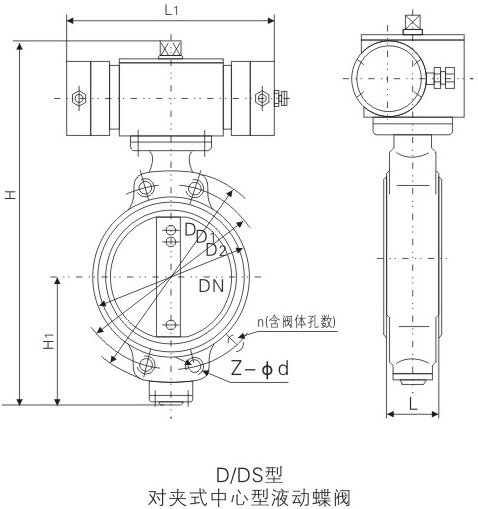 D/DS型液動對夾式中線碳鋼蝶閥基本尺寸圖